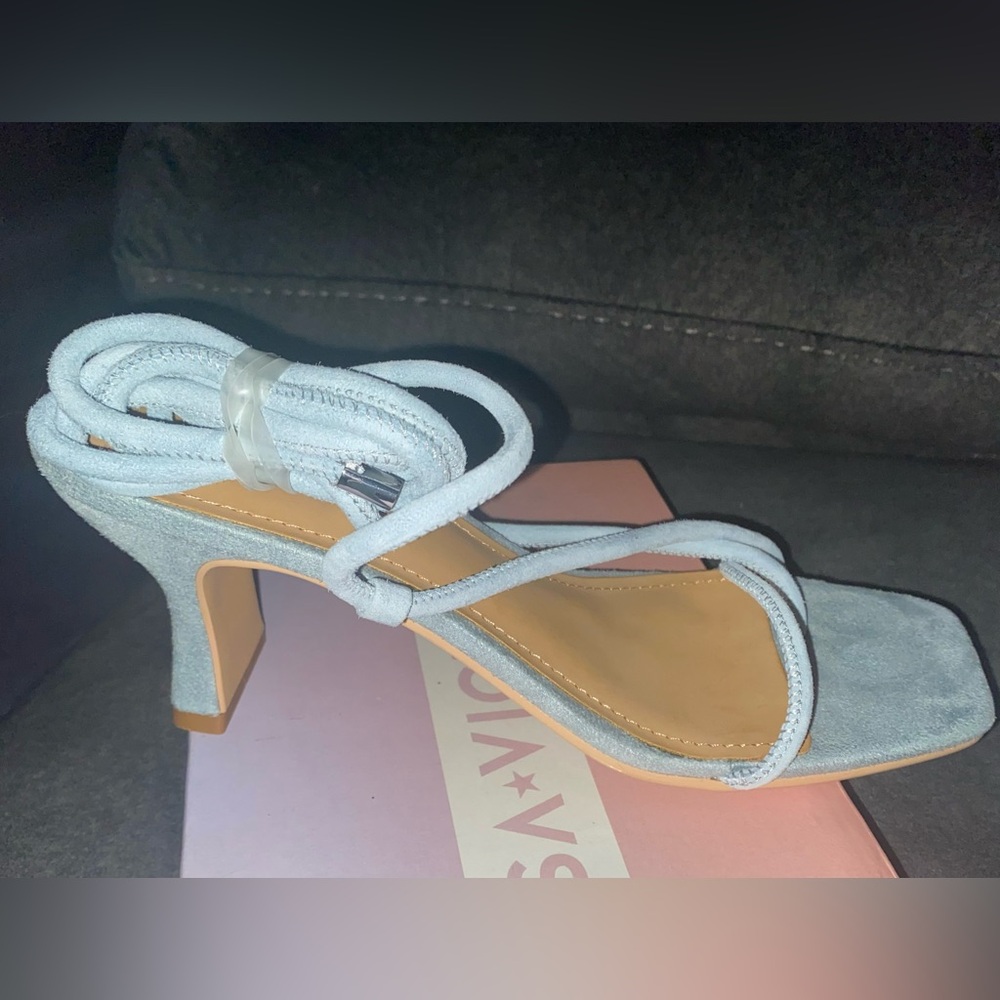 Lisa Vicky Zag-V Women's Sky Blue Kid Suede Strappy Sandals